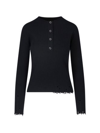 Uma Wang Ribbed Cashmere Sweater With Button-Up Front And Distressed Finish