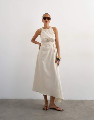 Topshop vestito maxi con collo a vogatore e pieghe laterali in popeline di cotone, stone-Nessun colore