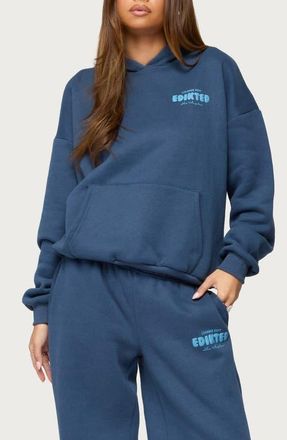 Edikted Lounge Edit Fleece Logo Graphic Hoodie in Navy at Nordstrom, Size X-Large
