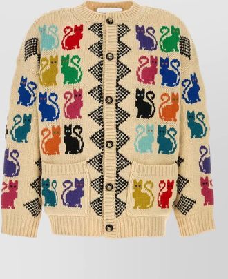 Valentino Garavani wool cardigan multicolor cat pattern pockets ribbed