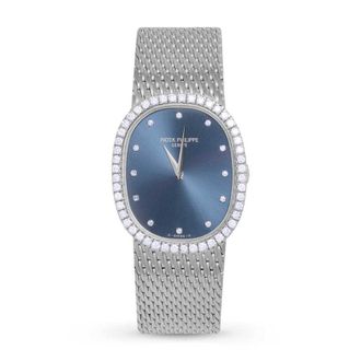 Patek Philippe Pre-owned Patek Philippe Golden Ellipse Hand Wind Diamond Blue Dial Ladies Watch 3748