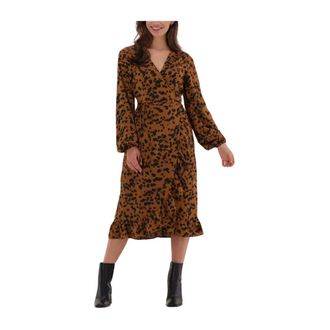 Freebird by Steven Rosy Midi LS Jurk Bruin - Dames - Wikkelkleedje - Veelkleurig - S - Kleedjes