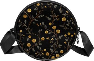 Generic Circle Crossbody Bag for Women, Floral Small Golden Small Sling Bag Daypack with Zipper Adjustable Shoulder Straps Casual Ladies Girls Round Purse