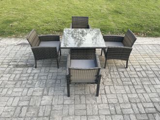 Fimous Wicker PE Outdoor Rattan Garden Furniture Arm Chair & Table Dining Sets 4 Seater Square Dining Table Dark Grey Mixed
