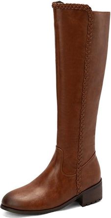 Generic Womens Western Knee High Riding Boots Round Toe Low Block Heel Wide Calf with Side Zipper Casual Winter Shoes (7.5,Brown)