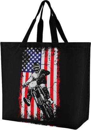 Generic Dirt Bike U.S.A. Flag Motocross Biker Reusable Grocery Bag Large Capacity Foldable Shopping Tote with Inner Pocket