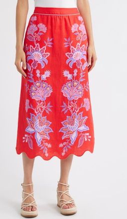Farm Rio Porcelain Garden Floral Linen Maxi Skirt in Red at Nordstrom, Size X-Small