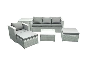 Fimous Garden Outdoor Furniture Set 6 Seater Rattan Sofa Set with 2 Big Footstools Armchair Side Table Light Grey Mixed