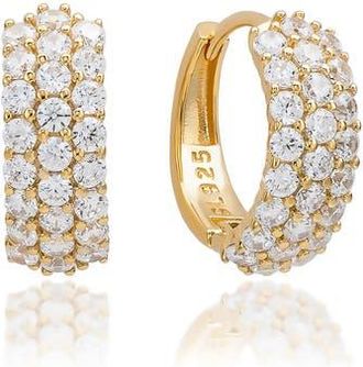 Suzy Levian Three Row Pav&eacute; Huggie Hoop Earrings in Yellow Gold at Nordstrom Rack