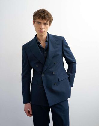 Topman Blazer doppiopetto misto lino blu navy