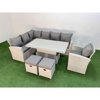 Fimous 9 Seat Rattan Outdoor Garden Furniture Corner Sofa Set Adjustable Lifting Dining or Coffee Table Set with 2 Small Footstools Light Grey - Fimous
