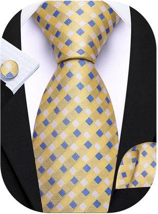 Barry.Wang Yellow Blue Tie Mens Silk Plaid Necktie Pocket Square Cufflinks Sets Formal Wedding