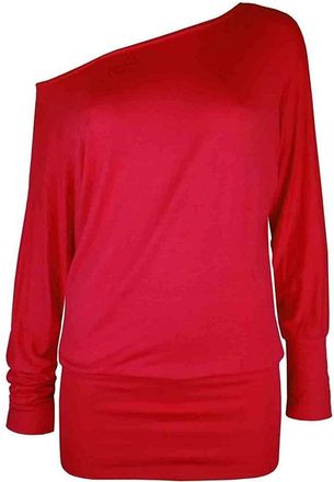 Crazy Girls Womens Long Sleeve One Off-Shoulder Plain Baggy Batwing Top UK8-24, Red, 2XL (UK 20-22)