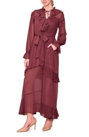 Melloday Ruffle Detail Tie Waist Long Sleeve Maxi Dress in Maroon at Nordstrom Rack, Size X-Small