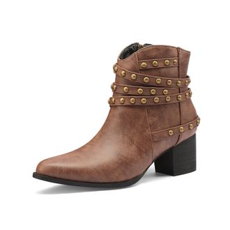 Generic Womens Retro Studded Closed Toe PU Leather Ankle Boots Chunky Block Heels Side Zipper Multiple Strap Detail Comfortable Non-Slip Durable,Brown,3.5 UK