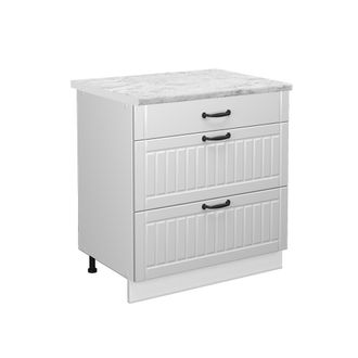 Vicco Mueble Bajo De Cocina Fame-line, Blanco Casa De Campo, 80 Cm Con 3 Cajones, Et M&aacute;rmol, Vicco