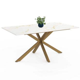 IDMarket Alix Tavolo Da Pranzo Rettangolare Per 8 Persone Con Gamba A Ragno In Ottone E Piano Effetto Marmo Bianco Alaska 160 Cm