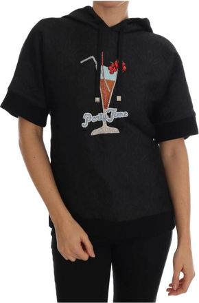 Dolce & Gabbana Zwarte Geborduurde Hoodie met Kristallen - Dames - Hoodies - Zwart - S - Katoen - Hoodies & sweatvesten