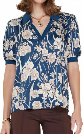 Current Air Floral Printed Short Sleeve Blouse In Navy