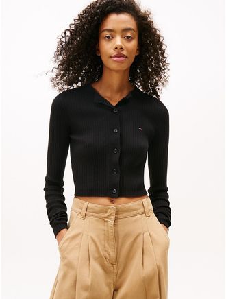 Tommy Hilfiger Womens Tommy Jeans Cropped Rib Knit Cardigan - Black - XL