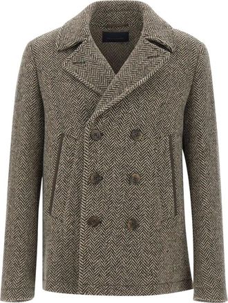 Paul & Shark Chevron wollen peacoat met Alcantara details - Heren - Mantels - Bruin - Maat: XS Wol