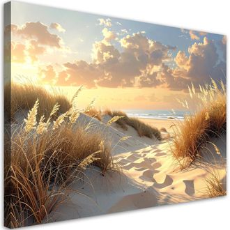 Feeby Cuadro En Lienzo, Playa Y Dunas Al Atardecer Paisaje Marino Tranquilo, 120x80
