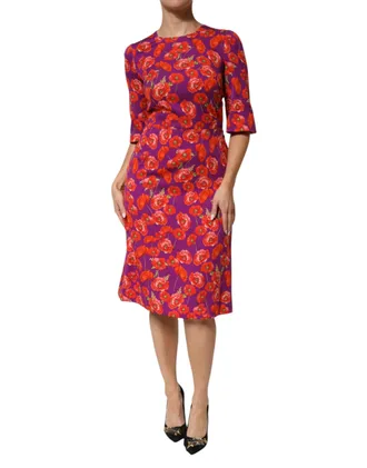 Dolce & Gabbana Womens Purple Silk Floral Print Midi Sheath Dress