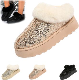 Generic Womens Platform Glitters Sequin Flat Slipperses, Glitter Sequins Fuzzy Slippers,Warm Glitter Sequin Winter Snow Boots,Winter Snow Boots Fuzzy Fluffy L