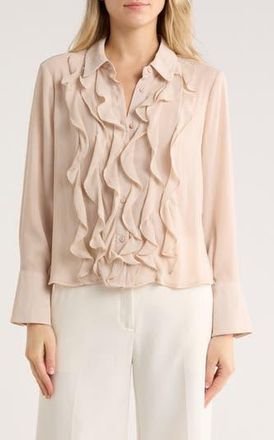 Adrianna Papell Ruffle Front Button-Up Shirt in Champagne Blush at Nordstrom Rack, Size X-Large