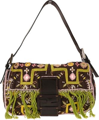 Fendi Vintage Baguette Shoulder Bag Embellished Denim Brown Beads,Cotton,Leather Handbag (Pre-Owned)