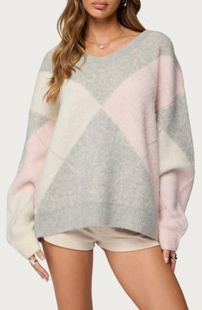 Edikted Elda Argyle Oversize Sweater in Light-Gray-Melange at Nordstrom, Size X-Small