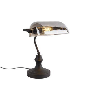 QAZQA Cl&aacute;sico/antiguo L&aacute;mpara De Notario Cl&aacute;sica Negra Con Cristal De Espejo Ahumado - Banker Vidrio /acero Alargada Adecuado Para Led Max. 1 X 60 Watt - Qa