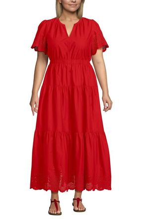 Lands End Tiered Cotton Poplin Eyelet Maxi Dress in Coral Red Eyelet at Nordstrom, Size 1X