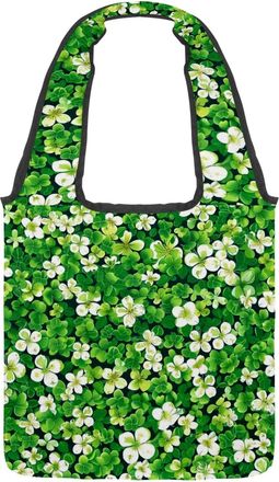 Generic Green Four-leaf Clover Reversible Canvas Shoulder Tote - Double-Sided Print, 12oz Cotton, 27cm Drop, Fold-Flat Bag for Travel, Shopping, Street Outing