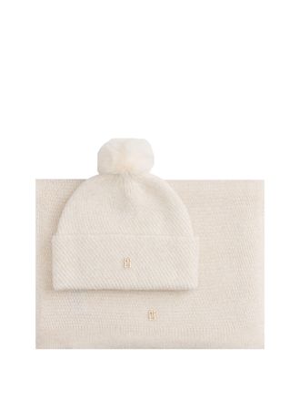Tommy Hilfiger Beanie TOMMY HILFIGER POM POM LUREX, Damen, ivory silk, Strick, Materialmix, M&uuml;tzen Beanie, in Geschenkbox, Set aus M&uuml;tze und Schal