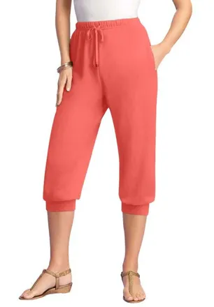 Roaman's Plus Size Soft Knit Capri Pant With Drawstring Waist in Sunset Coral at Nordstrom, Size Medium