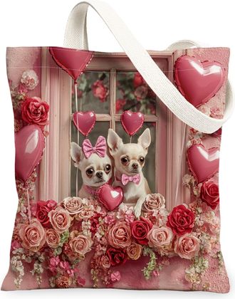 Generic Valentines Day Chihuahua Dog Canvas Tote Bag for Shopping 13x15, Window Couple Puppy Reusable Grocery Print Pattern Bag for Women, Pet Beach Aesthetic