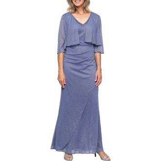 S.L. Fashions Beaded Glitter Mesh Gown in Dusty Blue at Nordstrom, Size 18