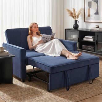 HOMCOM 2 Seater Sofa Bed, 3-in-1 Velvet Pull Out Sleeper Sofa, Dark Blue