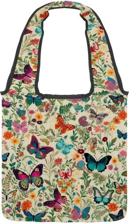 Generic Vintage Butterfly with Flower Reversible Canvas Shoulder Tote - Double-Sided Print, 12oz Cotton, 27cm Drop, Fold-Flat Bag for Travel, Shopping, Street