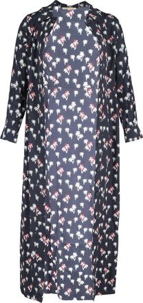 Maje Rawane Palm-Print Long-Sleeve Midi Dress in Navy Blue Silk