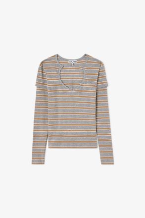 Ganni Grey Long-sleeve Top in Stripe - Size XXS Organic Cotton