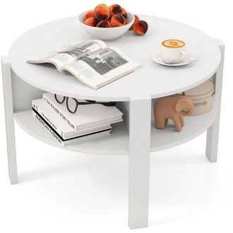Costway Tavolino rotondo a 2 ripiani, tavolo rotondo in legno con contenitore, 4 scomparti, design compatto, per soggiorno, camera da letto (bianco)