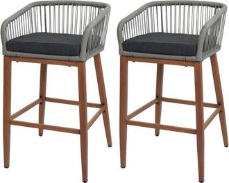 Hhg Juego de 2 taburetes de bar de cuerda 110, cojín de asiento para exterior de cuerda de metal imitación madera, gris claro, cojín gris oscuro