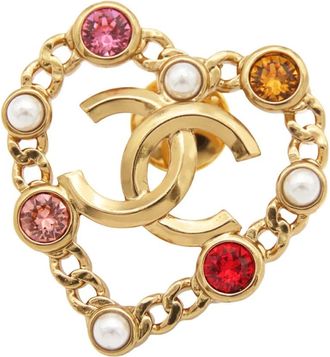 Chanel Pre-owned Jewellery, female, Yellow, Size: ONE SIZE Pre-owned Heart CC Brooch with Pearls and Crystals