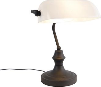 QAZQA Cl&aacute;sico/antiguo L&aacute;mpara De Notario Cl&aacute;sica Negra Con Cristal Opalino - Banker Vidrio /acero Alargada Adecuado Para Led Max. 1 X 60 Watt - Qazqa