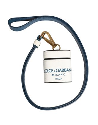 Dolce & Gabbana Womens White Calf Leather Logo Flip Holder Strap Airpods Case Accessory