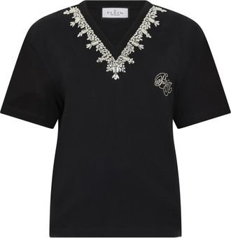 Philipp Plein Man Fit V-Neck T-Shirt Crystals - Dames - T-shirts - Zwart - S - Katoen - Tops