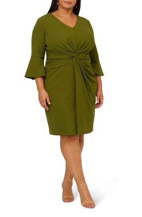 Adrianna Papell Bell Sleeve Twist Front Crepe Sheath Dress in Jungle Olive at Nordstrom, Size 16W