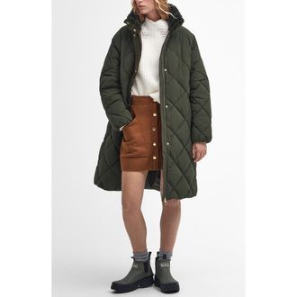 Barbour Bearnie Faux Shearling Lined Collar Puffer Jacket in Olive/Ancient at Nordstrom Rack, Size 14 Us / 18 Uk